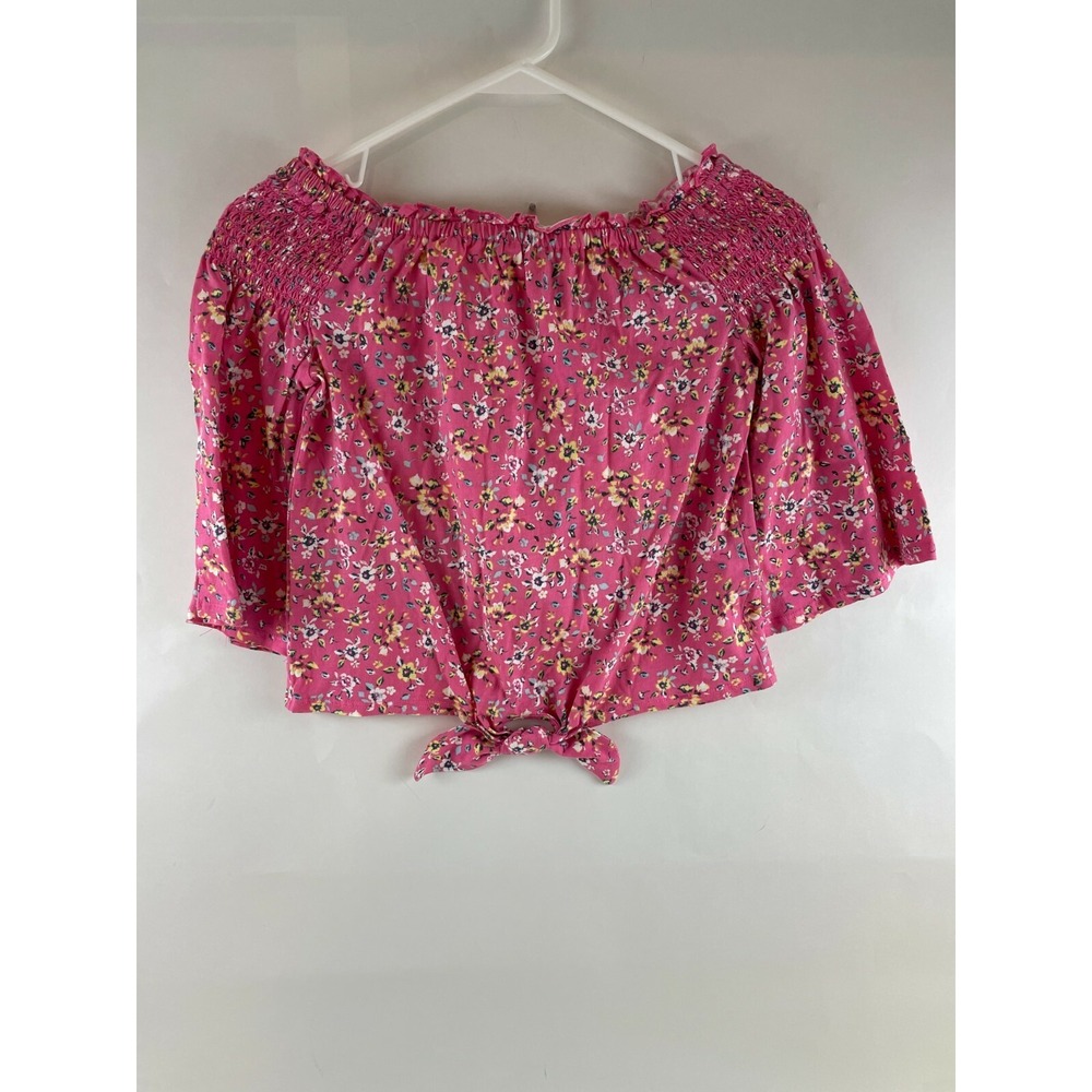 Cloud Chaser Crop Blouse Girls Size Large Pink Floral Off Shoulder Bell Sleeve